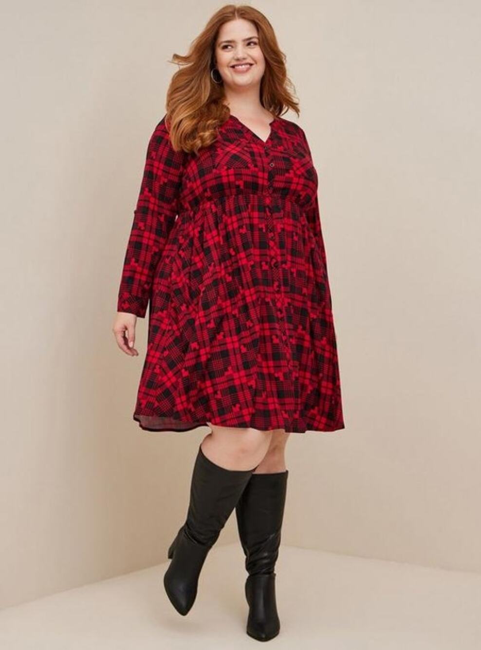 [Torrid] Disney Red Black Mickey Mouse Tartan Plaid Button Front Shirt Dress 5X